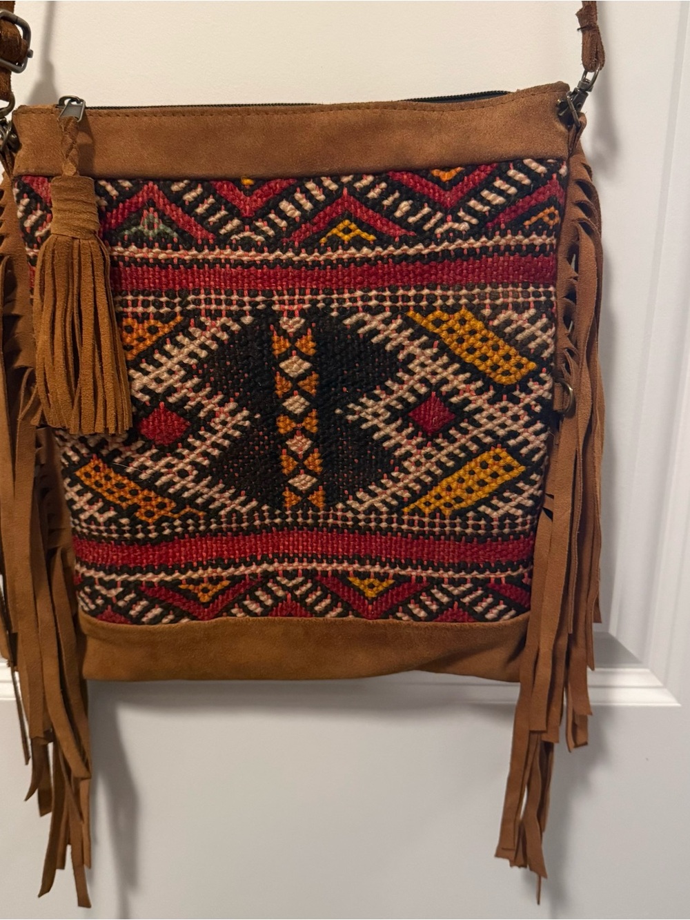 Boho Fringe Suede Crossbody Bag in with Multicolor Woven Front